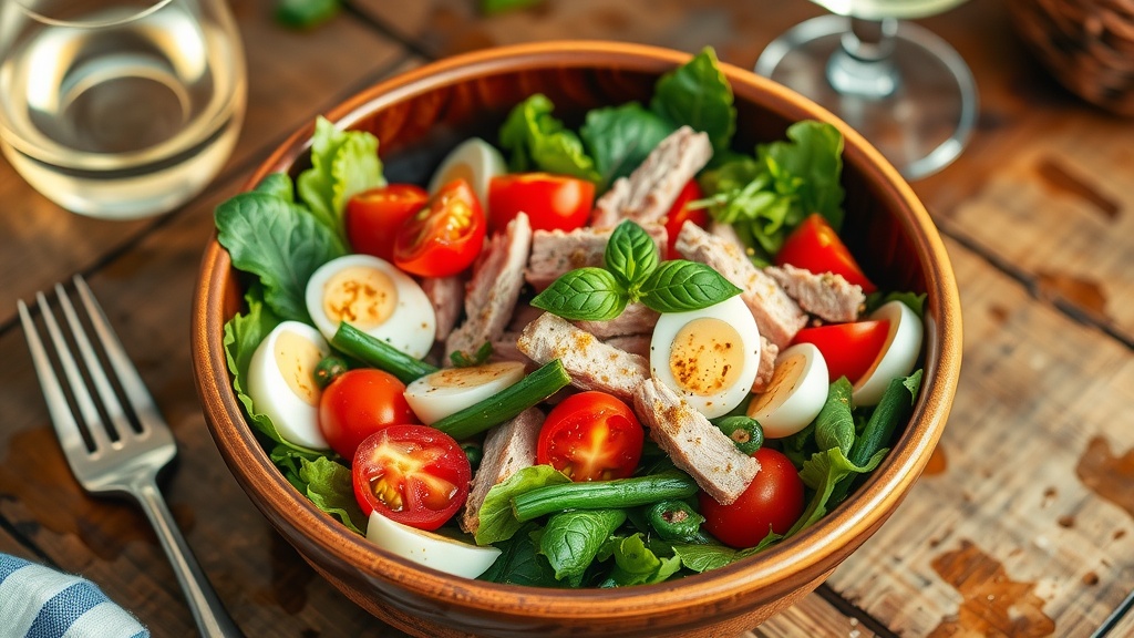Classic Nicoise Salad Recipe A vibrant Nicoise Salad with greens, tomatoes, green beans, hard-boiled eggs, and tuna, garnished with basil, on a rustic table.
